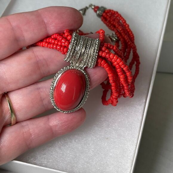 Bold Bohemian-style statement necklace multi strand cabochon pendant. - Picture 3 of 5